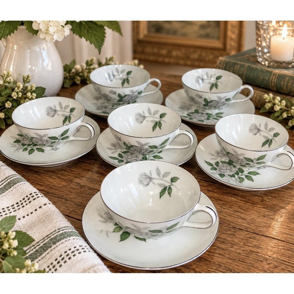 Vintage Sone China Gray Pearl 1873 12 Piece Teacup & Saucers Platinum Trim Japan